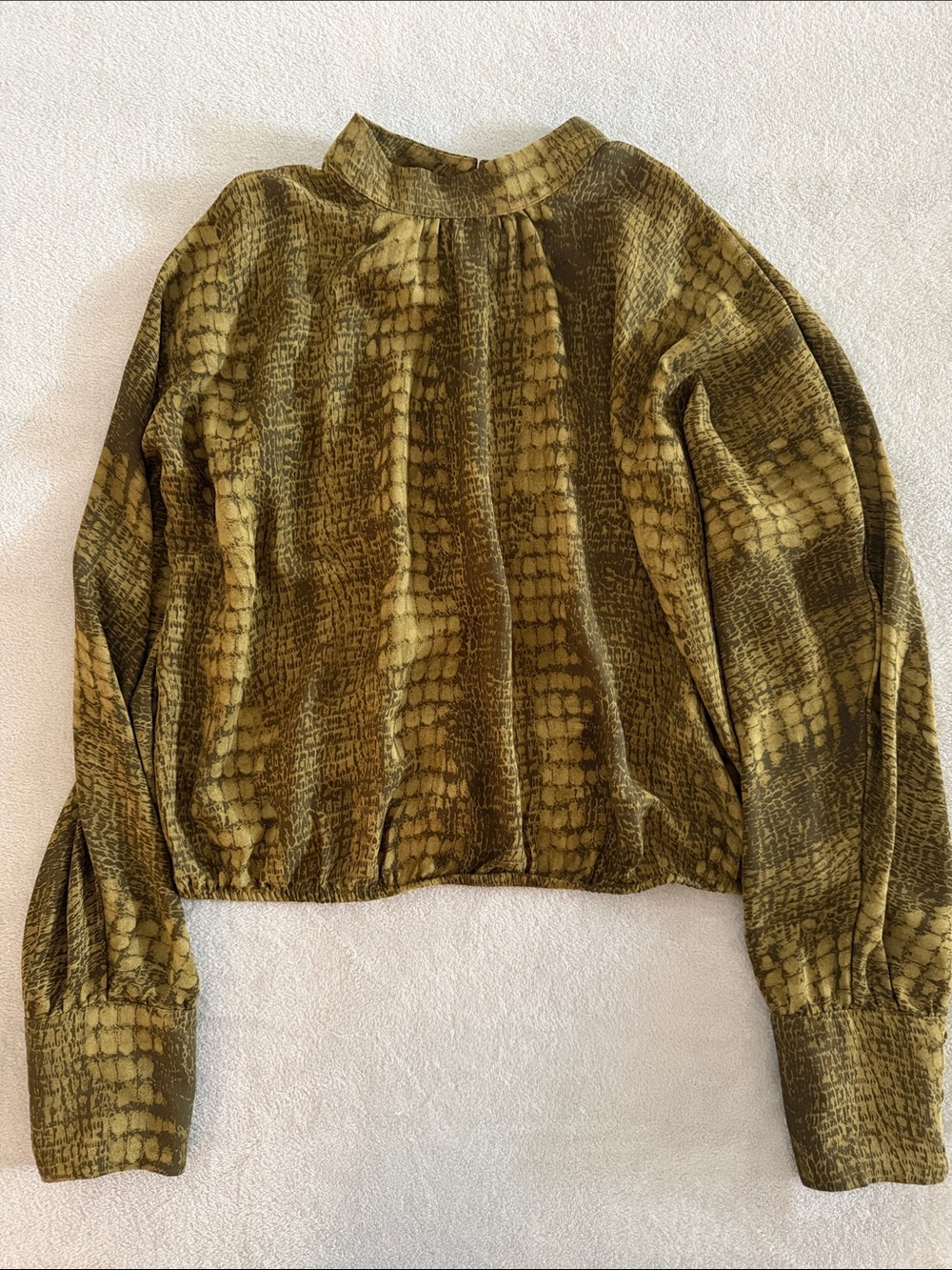 Olive Green Textured Long-Sleeve Women's Blouse